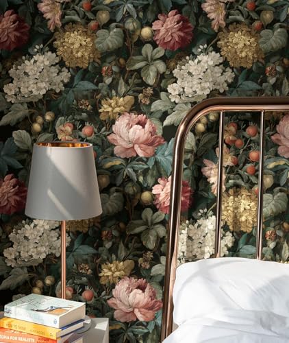 EchoSphere 16.9" x118" Vintage Peel and Stick Wallpaper Floral and Leaf Wall Paper for Bedroom Self Adhesive Contact Paper DIY Removable Wallpaper for Livingroom Cabinets Drawer Covering Vinyl Dark - color: Vintage Floral, size: 16.9" x 118"