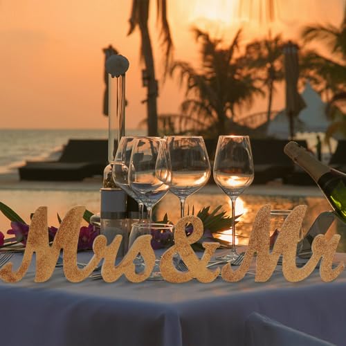 Mr & Mrs Signs Rustic Table Decorations, Freestanding Wooden Letters for Photo Props, Anniversary & Wedding Shower Gift (Rose Gold) - color: Rose gold