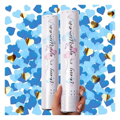 PrimePure Gender Reveal Confetti Cannon - Heart Shaped Confetti Poppers - Blue, 2 Pack - Baby Boy Gender Reveal Party Poppers - Blue Paper Baby Party Supplies Pop Gun - color: Blue
