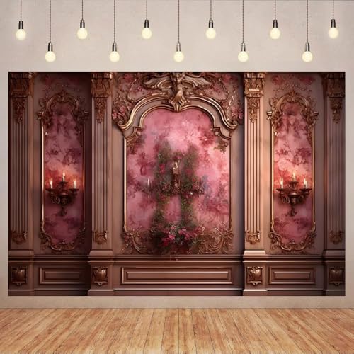 5x4ft Vintage European Royal Backdrop Romantic Gorgeous Room Wall Backdrops Pink French Castle Themed Living Room Wallpaper Deorations Girl's Birthday Wedding Portrait Studio Photo Props - size: 5x4ft