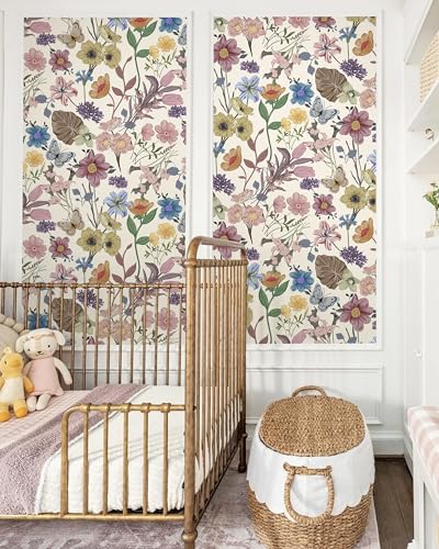 EchoSphere Vintage Peel and Stick Wallpaper Floral Butterfly Removable Wallpaper 16.9" x118" Flowers Botanical Contact Paper Boho Self Adhesive Wall Paper for Bedroom Cabinets DIY Decor - color: Beige, size: 16.9" x 118"