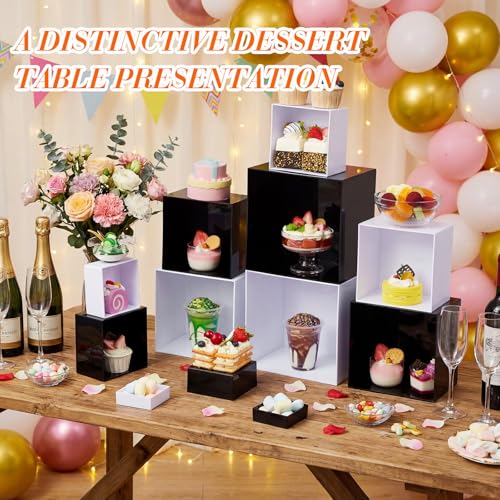 Leinuosen 6 Pcs Clear Acrylic Buffet Risers Stands for Food Display Cubes Box, 3 to 8 Inch Square Catering Table Dessert Decor for Wedding Brunch Setup Party Jewelry Collectible, Hollow Bottom (White) - color: White, size: 3 to 8 Inch, style: Square