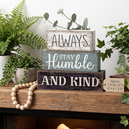 Lineshading 4 Pcs Inspirational Farmhouse Table Decor Always Stay Humble and Kind Stacked Wooden Block Signs with Inspirational Quote Eucalyptus Leaves for Home, Living Room, Shelf Housewarming Gift - style: Always Stay Humble and Kind
