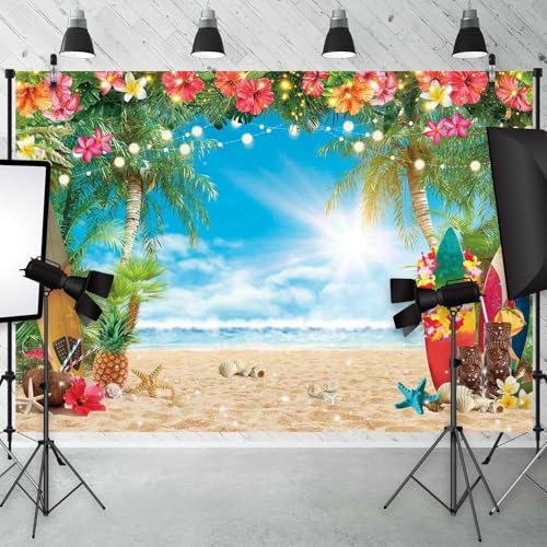 12x8FT Polyester Fabric Summer Beach Hawaiian Backdrop Seaside Tropical Flower Palm Leaves Surfboard Photography Background for Luau Aloha Party Decoration Banner Picture Photo Booth - size: 12'x8'