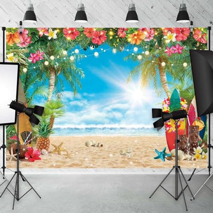 12x8FT Polyester Fabric Summer Beach Hawaiian Backdrop Seaside Tropical Flower Palm Leaves Surfboard Photography Background for Luau Aloha Party Decoration Banner Picture Photo Booth - size: 12'x8'