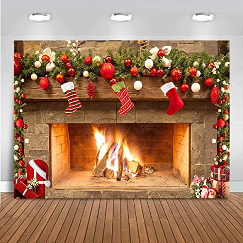 Mocsicka Christmas Fireplace Theme Backdrop for Photography Xmas Tree Sock Gift Family Party Decorations Wallpaper Winter Christmas Birthday Holiday Banner Studio Booth (10x6.5ft) - size: 10x6.5ft