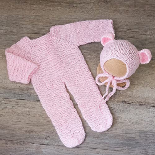 Zeroest Newborn Boy Photoshoot Outfits and Props Bear Bonnet with Footed Romper Infant Baby Photography Crochet Knitted Set - color: Pink