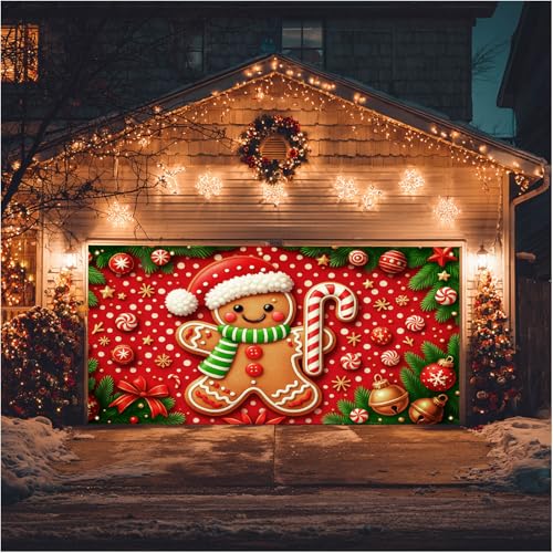 HOMETITUTE Christmas Garage Door Cover 13x6ft Gingerbread Man Banner Candy Cane Bells Stars Holiday Backdrop Red White Dot Background Gift Boxes Green Pine Branches Outdoor Indoor Seasonal - color: Garage Banner#8