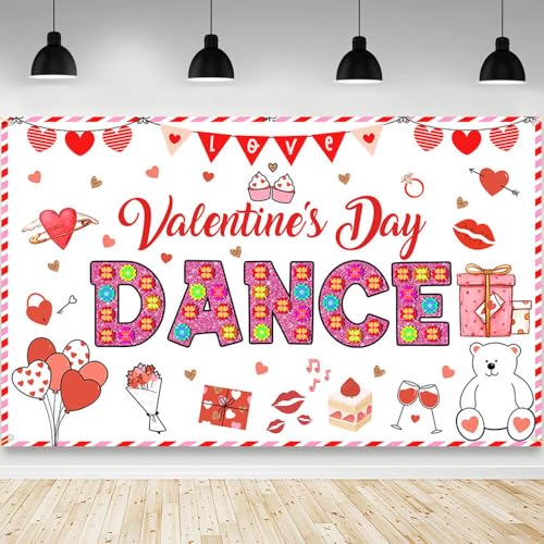 AIBIIN Valentines Day Backdrop Happy Valentine's Day Dance Party Banner Decorations Red Heart Valentines Day Party Decor Backdrops for Photography 8x6ft - color: White, size: 94.5 x 70.8inch