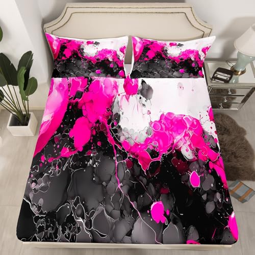 Abstract Art Fitted Sheet Hot Pink Bed Sheets | Ombre Marble Texture Ink Fluid Art Gradient Black Marbling Sheets Queen Size Bed Set - color: Hot Pink, size: Queen