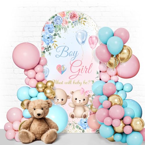 Gender Reveal Backdrop Cute Bear Baby Shower Arch Cover Backdrop for Boy or Girl Baby Party We Can Bearly Wait Blue or Pink Balloon Party Decor 6FTx 2.6FT Rainbow Double Printed Decorations - color: Baby or Girls Bear Backdrop, size: 6FT
