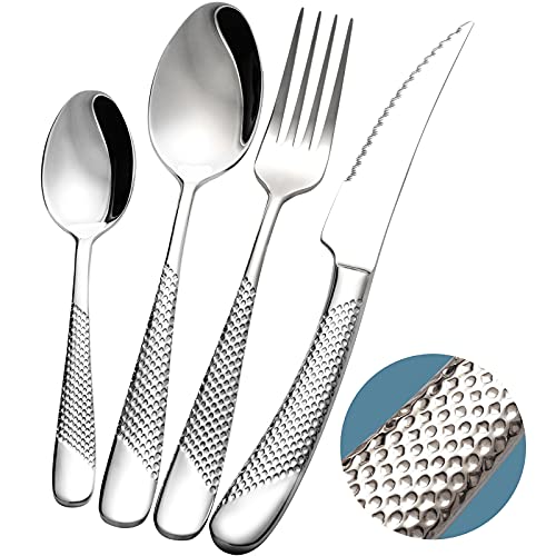 16-Piece Modern Hammered Cutlery Set with Ultra Sharp 2-in-1 Serrated Knife, 18/10 Stainless Steel Silverware Flatware Set Service for 4, Tableware Utensil, Forks Spoons Knives Set - color: Silver