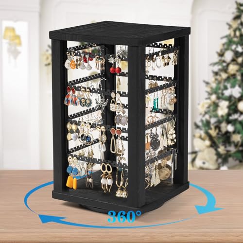 Emfogo 360 Earring Holder Organizer, Rustic Wood Earring Stand, Rotating Wooden Display, 4 Tiers Earring Organizer Stand for Stud Earrings, Hoop Earrings & Necklaces, Women Gifts - color: Black