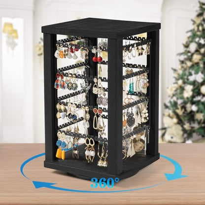 Emfogo 360 Earring Holder Organizer, Rustic Wood Earring Stand, Rotating Wooden Display, 4 Tiers Earring Organizer Stand for Stud Earrings, Hoop Earrings & Necklaces, Women Gifts - color: Black