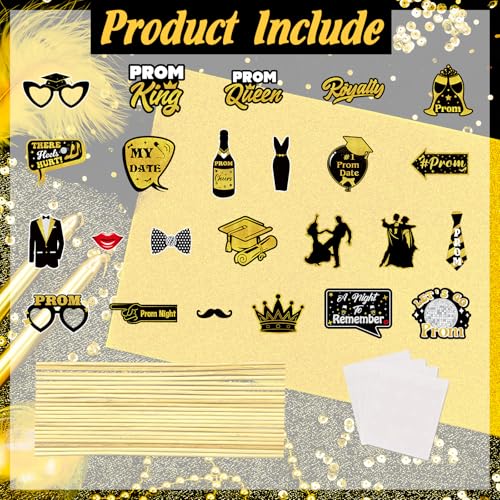 24 Pieces Black Gold Prom Photo Booth Props Kit, Graduation Party Decorations Supplies for Prom Night, Themed Dance & Senior High School Decor
