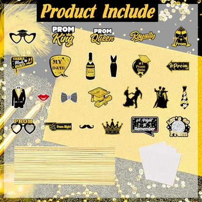 24 Pieces Black Gold Prom Photo Booth Props Kit, Graduation Party Decorations Supplies for Prom Night, Themed Dance & Senior High School Decor