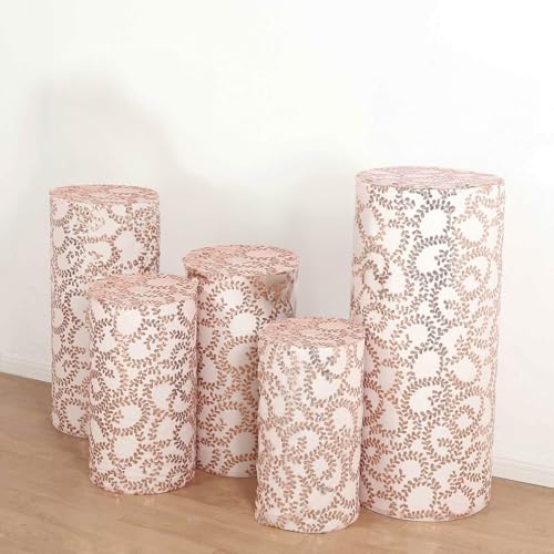 Efavormart Set of 5 Rose Gold Sequin Mesh Cylinder Display Box Stand Covers with Leaf Vine Embroidery, Sparkly Sheer Tulle Pedestal Pillar Prop Covers - color: Rose Gold, size: Sequin Mesh Cylinder Covers - Leaf Pattern