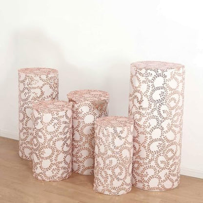 Efavormart Set of 5 Rose Gold Sequin Mesh Cylinder Display Box Stand Covers with Leaf Vine Embroidery, Sparkly Sheer Tulle Pedestal Pillar Prop Covers - color: Rose Gold, size: Sequin Mesh Cylinder Covers - Leaf Pattern