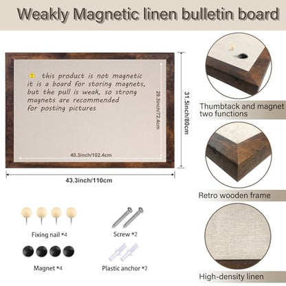 Large Magnetic Bulletin Board 43 x 31 Inch for Wall,Rustic Framed Cork Board with Linen for Home Office School,with 4 Push pins, 4 Magnets - size: 43inchx31inch