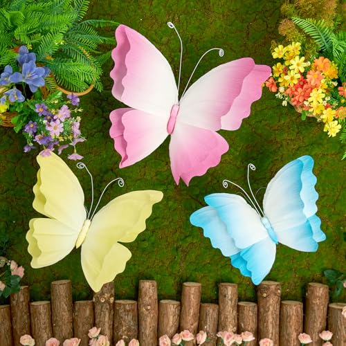 3D Hanging Butterfly Decorations, Butterfly Birthday Party Decorations, 3 Pcs Crepe Paper Butterfly with Soft Gradient Colors, Pink Blue Yellow Hanging Decor for Girls Women, Flower Party Decor - color: Pink Blue