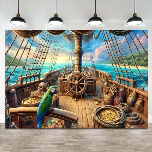 12x10ft Vintage Pirate Ship Backdrop Wooden Rudder Treasure Chests Sailing Ship Map Barrels Parrot Ocean Sea Adventure Nautical Pirates Background Pirate Theme Party Decorations Photo Props - size: 12X10FT
