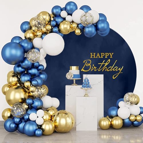 Navy Blue Happy Birthday Round Backdrop Cover Dark Blue Marble Texture Birthday Photography Backdrop Circular Background Cover for Adult Boys Men Bday Party Decoration Arch Photo Props 7.2ft - size: 7.2ft-Diameter
