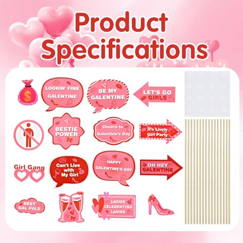16Pcs Galentine's Day Photo Booth Props Kit,Funny Handheld Pink Party Accessories,Suitable for Valentine's Day Fellowship Party Decorations