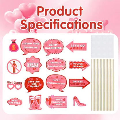 16Pcs Galentine's Day Photo Booth Props Kit,Funny Handheld Pink Party Accessories,Suitable for Valentine's Day Fellowship Party Decorations