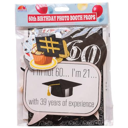 60th Birthday Photo Booth Props - 31-pc Selfie Props with 8 x 10-Inch Sign, 45 Adhesive Pads, 35 Sticks - Birthday Decorations