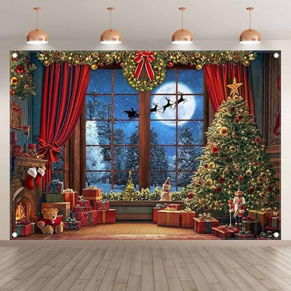Fabric 7x5ft Christmas Window Photography Backdrop Winter Merry Xmas Tree Background Night Snow Party Decoration Holiday Photo Banner Props - size: 7'x5'