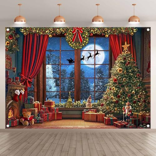 Fabric 7x5ft Christmas Window Photography Backdrop Winter Merry Xmas Tree Background Night Snow Party Decoration Holiday Photo Banner Props - size: 7'x5'