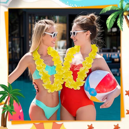 Sherr 24 Pcs LED Light Yellow Leis Light up Wedding Hawaiian Leis Flower Necklace with LED Lights Beach Tropical Carnival Party Wedding Supplies Luau for Masquerade - color: Bright Yellow