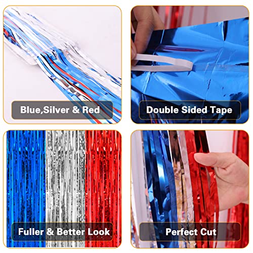PIGETALE, 2 Pack 3.2 x 8.2 ft Red White and Blue Foil Fringe Backdrop Curtain, Streamer Backdrop Tinsel Curtains Photo Booth Props for Graduation Birthday Memo - color: Blue, Silver and Red