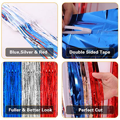 PIGETALE, 2 Pack 3.2 x 8.2 ft Red White and Blue Foil Fringe Backdrop Curtain, Streamer Backdrop Tinsel Curtains Photo Booth Props for Graduation Birthday Memo - color: Blue, Silver and Red