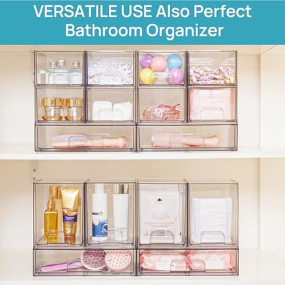 Vtopmart 7.6" H Clear Stackable Storage Drawers, 4 Pack Plastic Organizers Bins for Skincare, Cosmetics,Beauty Supplies,Ideal for Vanity, Bathroom,Kitchen Countertop,Cabinet Organization - style: 4pack High