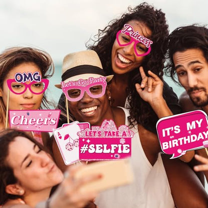 30Pcs Pink Girl Birthday Photo Booth Props with Sticks,Hot Pink Girls Birthday Party Decoration Supplies for Girls Women Disco Night Bachelorette Party Photo Booth Props
