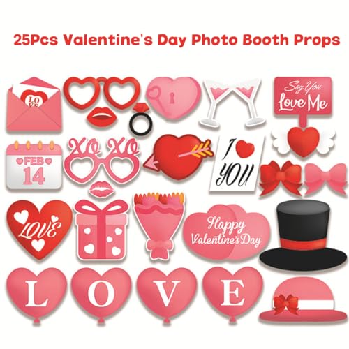 Valentine's Day Photo Booth Props Selfie Photobooth Props for Photoshoot Funny Masks Love Heart Glasses Mustache Backdrop Decorations Supplies Wedding Party DIY Posing Signs Favor 25 Pcs