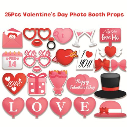 Valentine's Day Photo Booth Props Selfie Photobooth Props for Photoshoot Funny Masks Love Heart Glasses Mustache Backdrop Decorations Supplies Wedding Party DIY Posing Signs Favor 25 Pcs