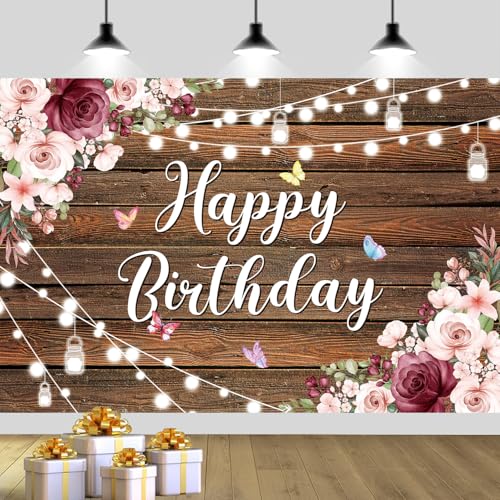 180x120 cm Rustic Wood Flower Birthday Backdrops Photo Cloth 71x47 inch Happy Bday Photography Backgrounds Wooden Floral Butterfly Happy Birthday Sign Banner Decoration for Women Girl - color: Wood