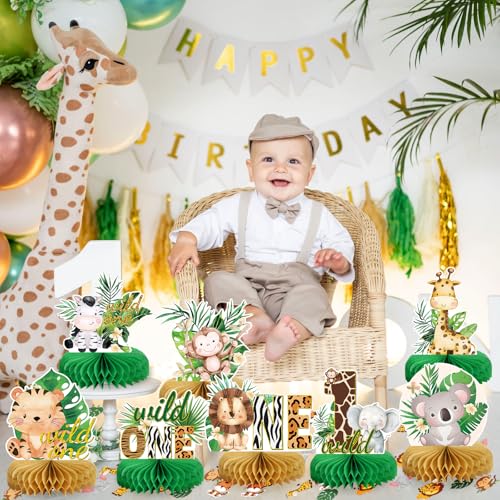 Wild One Birthday Decorations Jungle Baby Shower Honeycomb Centerpieces for Boys and Girls,8 Pcs Safari Centerpieces and Confetti Table Decorations, Safari Jungle Animals Party Decor - color: Green Gold-wild One