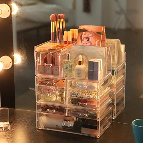 Cq acrylic 3 Pack Clear Make up Organizer Countertop,Stackable 9 Drawers Makeup Storage,Cute Vanity Organizers for dresser Hair Clip,Jewelry,Beauty Product Desk and Bathroom Organizers and Storage - size: 9 Drawers