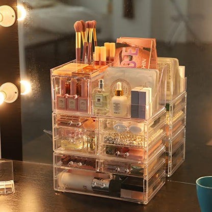 Cq acrylic 3 Pack Clear Make up Organizer Countertop,Stackable 9 Drawers Makeup Storage,Cute Vanity Organizers for dresser Hair Clip,Jewelry,Beauty Product Desk and Bathroom Organizers and Storage - size: 9 Drawers