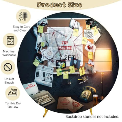 Detective Round Backdrop Cover 7.2x7.2ft Agent Spy Theme Top Secret Police Office Investigation Photography Background Crime Clue Evidence Murder Mystery Party Decorations Photo Booth Props - size: 7.2x7.2