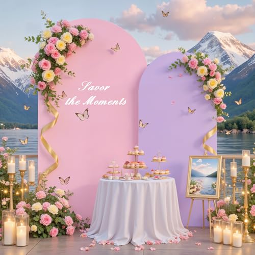 Pink Purple Arch Backdrop Cover for Wedding, 7.2FT 6FT Set of 2 Stretchy Spandex Fitted Arch Stand Cover for Baby Shower, Birthday Party Decor, Chiara Backdrop Cover with Double-Sided Design - color: Purple+Pink