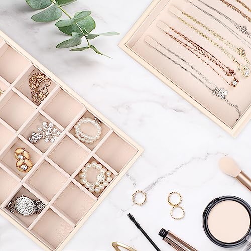 Voova Stackable Jewelry Organizer Tray with Lid, PU Leather Jewelry Storage Holder for Drawer Inserts, Jewellery Display Box Case for Earring Necklace Ring Watch Bracelet (Set of 4, Apricot) - color: Apricot