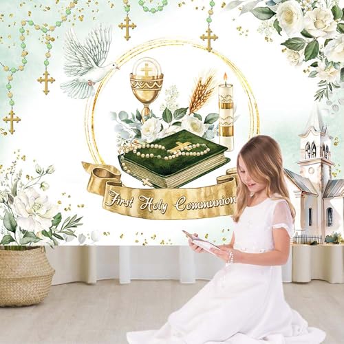 AIBIIN 10x7ft First Holy Communion Backdrop Greenery Mi Primera Comunion Photography Background Baptism Christening God Bless Mi Bautizo Party Decorations Banner Photo Props - size: 10x7ft