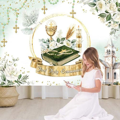 AIBIIN 10x7ft First Holy Communion Backdrop Greenery Mi Primera Comunion Photography Background Baptism Christening God Bless Mi Bautizo Party Decorations Banner Photo Props - size: 10x7ft
