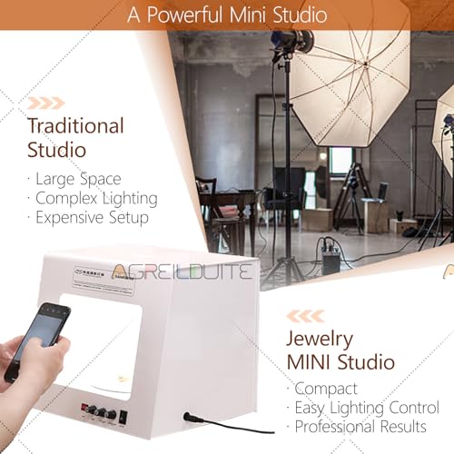 Pro Jewelry Photography Box Kit - Mini Photo Studio with 4 Dimmable Lights, Adjustable Speed Turntable & 360° Rotating Rack for Stunning Jewelry Photos & Accessories TB30