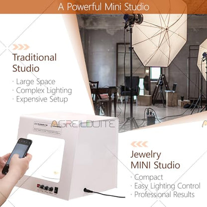 Pro Jewelry Photography Box Kit - Mini Photo Studio with 4 Dimmable Lights, Adjustable Speed Turntable & 360° Rotating Rack for Stunning Jewelry Photos & Accessories TB30