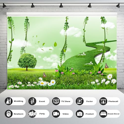 Fantasy Trees Backdrop Heart Shape Tree Love Symbol Photography Background Spring Lush Green Meadow Flowers Backdrop Spring Garden Wonderland Background for Kids Children Adult Photo Props 5x3ft - color: Light Green, size: 5x3ft